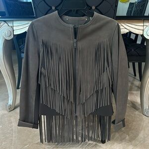 Elie Tahari Grey Suede Fringed Jacket